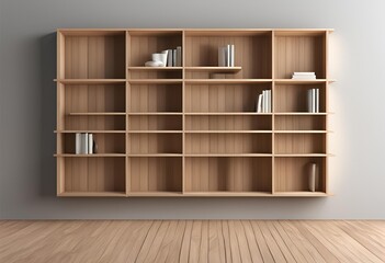 3D rendering of a blank wooden bookshelf, ideal for showcasing books, decorations, and organizing spaces with minimalist elegance.