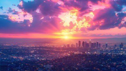 Modern cityscape at dusk, colorful sunset transitioning to city lights, dynamic and vibrant, ideal for urban and twilight visuals, copy space.