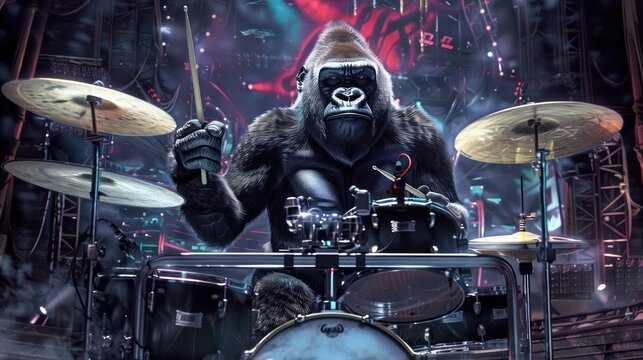 gorilla as a drummer, with a drum set, on a rock concert backdrop