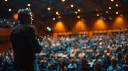 CEO giving a speech at a company event in a large auditorium