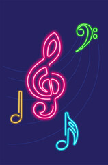 Neon glowing icon of colorful musical notes. Vector illustration of music note consisting of neon outlines. Music concept illustration for poster, flyer or banner design.