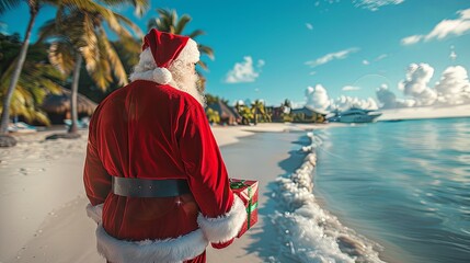 back view of Santa Claus with gifts on the tropical beach background, greeting card