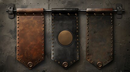Leather Banners in Brown Beige and Black Colors with Bronze Rivets and Round Label