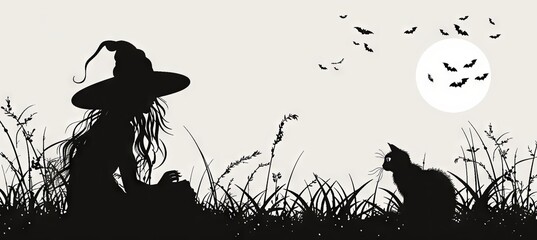 illustrations of silhouette Halloween witch and cat 