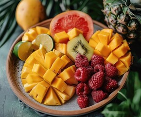 Summer fruits like pineapple and mango in a tropical setting.