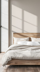 Obraz premium Contemporary bedroom interiors in beige colors with a bed next to a large window. Interiors design composition with minimal furniture and copy space.