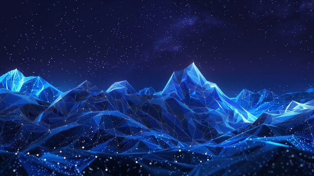 Low-poly wireframe digital landscape depicts abstract nighttime mountains within a blue tech background, featuring 3D peaks and a starry sky. 