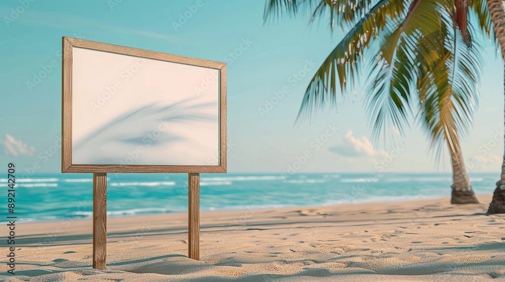 Wall mural blank advertising sign board copy space mockup at tropical beach background