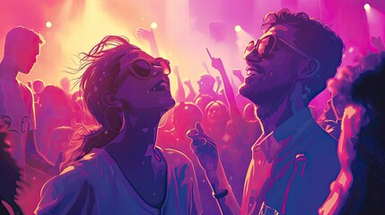 A baby boomer couple attending a live music concert, dancing and enjoying the performance, surrounded by a vibrant and energetic crowd.