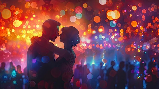 A baby boomer couple attending a live music concert, dancing and enjoying the performance, surrounded by a vibrant and energetic crowd.