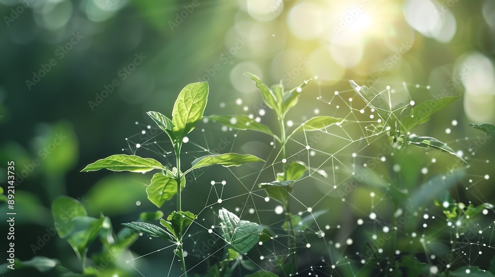 Wall mural natural green plants with digital connection network conceptual for sustainable natural ecosystem in