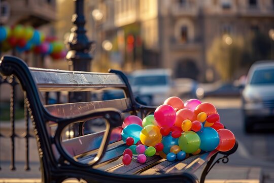 Colorful balloons on the bench in front of city hall square, which is located at Cinorthygoroca de GuRVista guLIKE ramus road, with a black metal fence and cars parked near it, shot from street level 