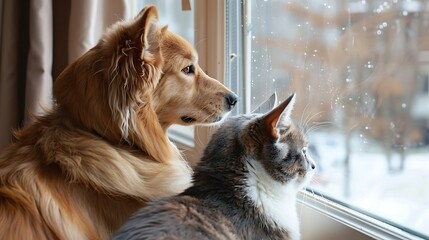 dog and cat as best friends, looking out the window together
