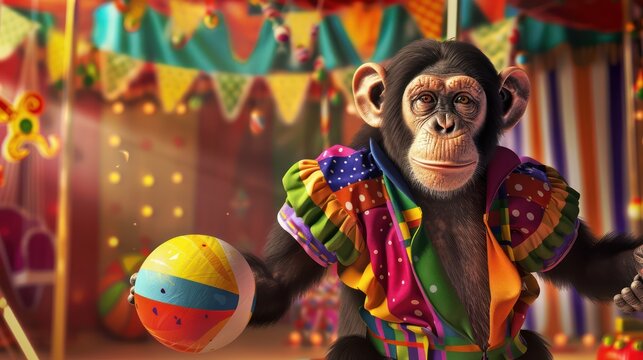 monkey as a circus performer, with colorful attire and a balancing ball, on a circus backdrop