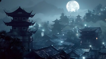 Moonlit rooftops of a feudal Japanese village with shadows of stealthy ninjas