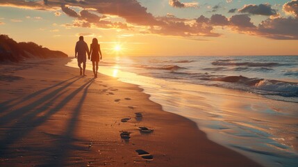 A baby boomer couple walking along a beach at sunset, holding hands and leaving footprints in the sand, with a serene and romantic atmosphere.