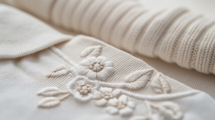 A close-up mockup of a t-shirt collar with a detailed embroidered design.