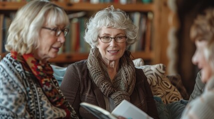 A group of baby boomer women enjoying a book club meeting, sitting in a cozy living room, discussing their latest read and sharing insights.