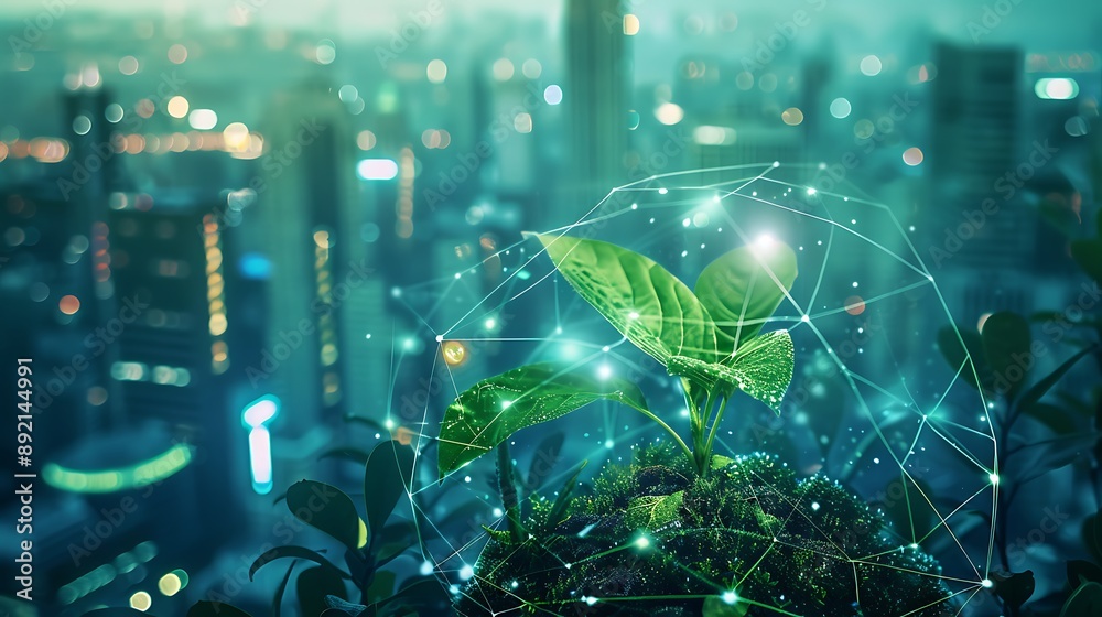 Wall mural digital network greenery with futuristic skyscraper cityscape view background for advanced nature te