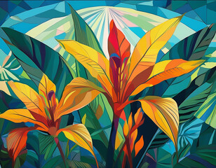 Fototapeta premium Illustration of Tropical Plants with Large Leaves and Bright Flowers Against a Blue Sky