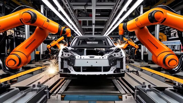 Car welding line of conveyor with frameworks of unfinished car and robots welders. Car Factory. Automatic Construction, Welding Industrial Production Conveyor