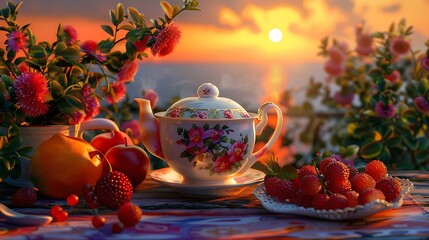 Fototapeta premium Evening tea and fruit at sunset