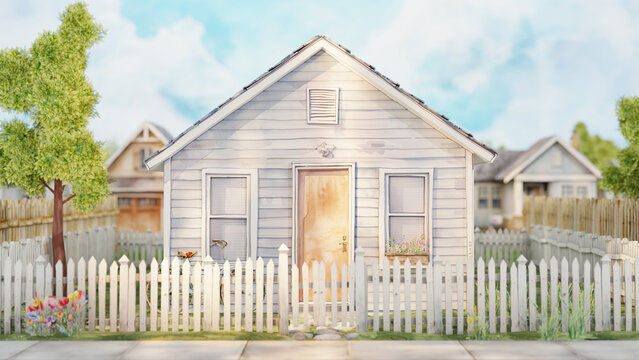 Charming Watercolor House with White Picket Fence. Suburban American middleclass neighborhood home