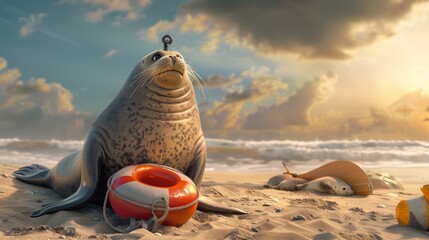 Obraz premium seal as a lifeguard, with a whistle and lifesaver, on a beach backdrop