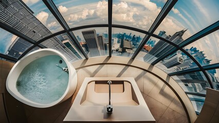 Fototapeta premium Top view of hotel bathroom interior with bathtub, sink and panoramic window