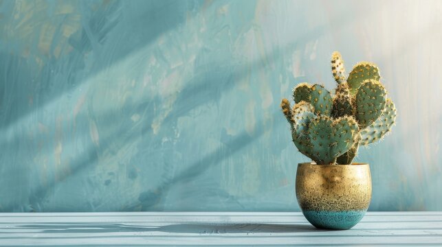Modern, golden ceramic vase with a trendy cactus shape against a light wall, adding a creative touch to any décor. 