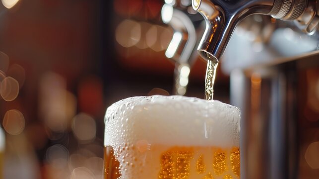A close-up photograph of a frothy beer being poured from a tap. The image captures the moment when the beer hits the glass and creates a beautiful head.