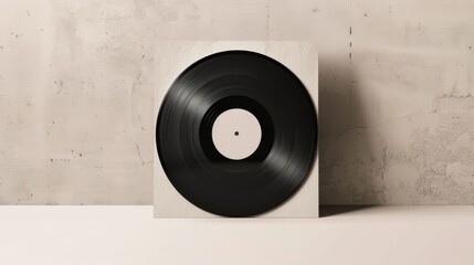 Obraz premium Realistic 3D black vinyl record in a white paper cover. Retro-styled mockup with a front view, complete with a shadow on a vintage background. 
