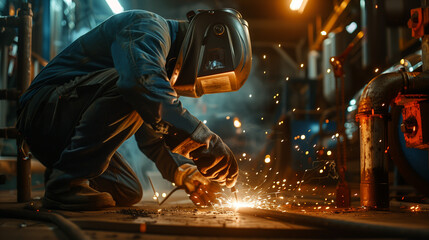A gas-electric welder is working in a dimly lit indust
