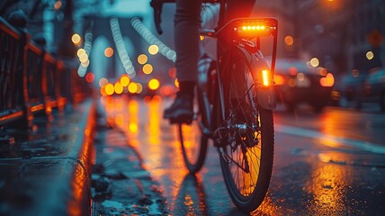 Bicycle with tail light on a rainy street at night