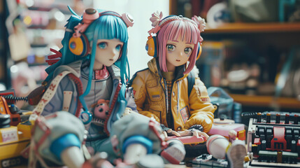 Two anime figurine characters posed amidst other toys and objects in the background, presenting a vibrant and playful banner suitable for enthusiasts and collectors.
