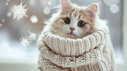 Funny Cat wearing white warm sweater beautiful cat ready for cold winter