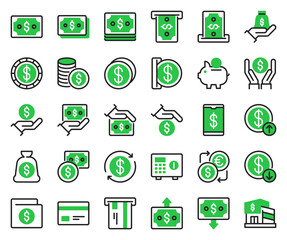 Money icon set in 30 different shape for business, finance, and sales