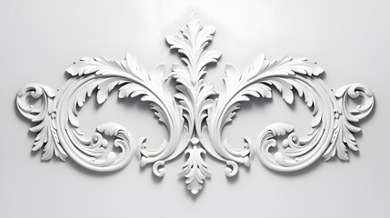 3D illustration of white decorative relief beautiful detailed ornament with acanthus leaves decoration in baroque style isolated on white background