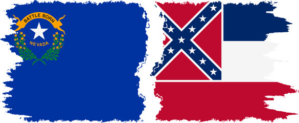 Mississippi and Nevada states grunge brush flags connection, vector