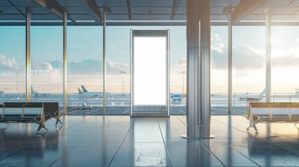 Fototapeta premium big mock up of vertical blank advertising billboard or light box showcase at airport, copy space for your text message or media content, advertisement, commercial and marketing concept