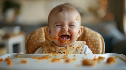 Adorable baby laughing in a high chair, messy face from food, natural light, candid and joyful moment, ideal for family and baby food promotions, copy space.