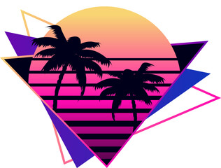 Abstract illustration of retrowave palm trees and sun in the neon triangle. Synthwave style 1980 retro cyberpunk design.