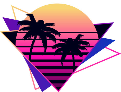 Abstract illustration of retrowave palm trees and sun in the neon triangle. Synthwave style 1980 retro cyberpunk design.