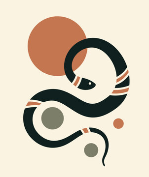 Stylized black silhouette of the snake and circles. Abstract vector illustration of serpent silhouette and circles. Boho minimal poster with snake.