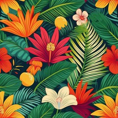 a vibrant and unique tropical pattern featuring lush palm leaves, exotic flowers, leaf