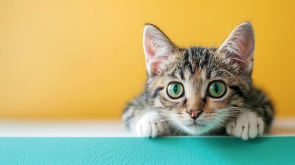 Funny spotted kitten with beautiful big green eyes lying on white table isolated on colorful background
