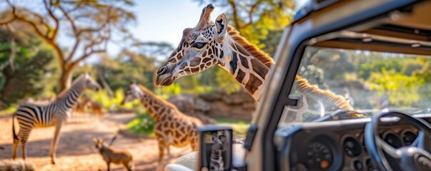 Family enjoying a safari tour in an open zoo, observing giraffes and zebras from a jeep, sunny day, copy space, perfect for family outings and educational experiences.