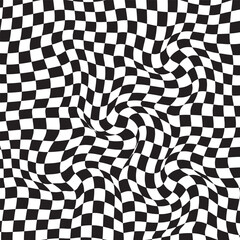 Checkered background with distortion effect. Abstract black and white background, distorted groovy twisted grid. Chessboard surface as abstract banner with distortion.