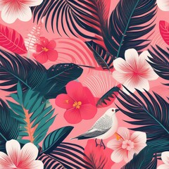 a vibrant and unique tropical pattern featuring lush palm leaves, exotic flowers, leaf