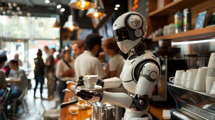 Robot assistant serving coffee in a chic cafe, customers enjoying the service, innovative and trendy, ideal for lifestyle and tech imagery, copy space.